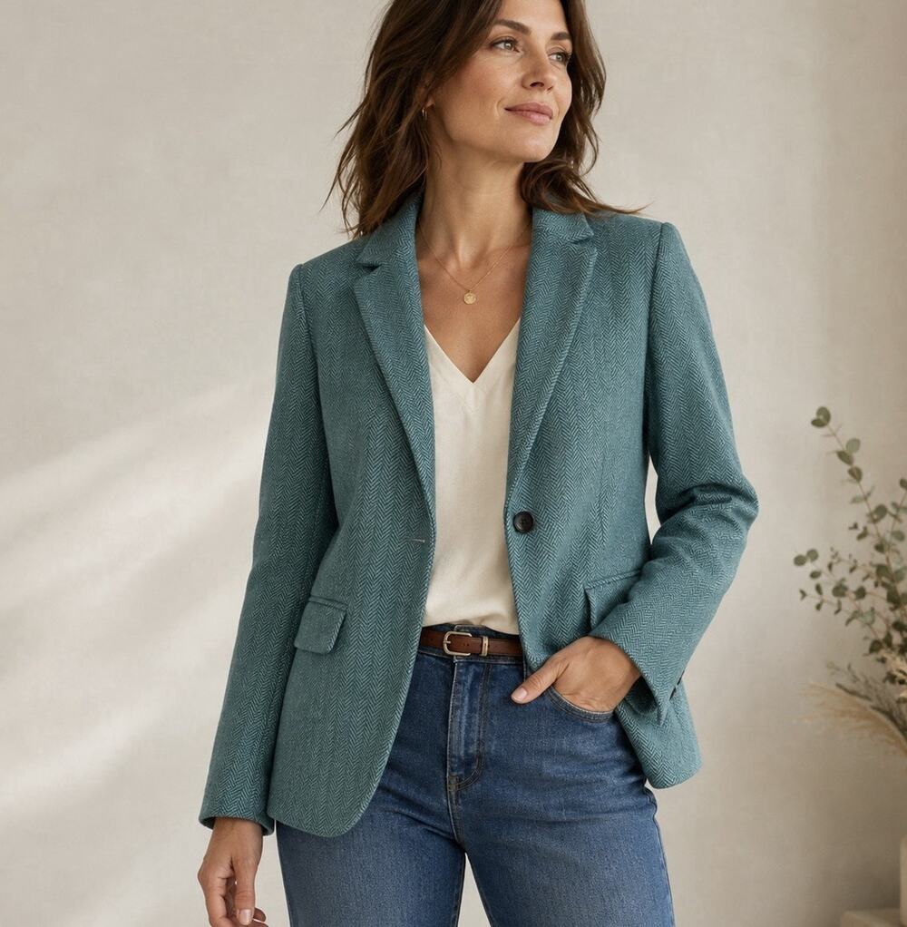 Loft Womens Wool Blend Blazer Teal Gray Herringbone Preppy Academia Office Sz 14